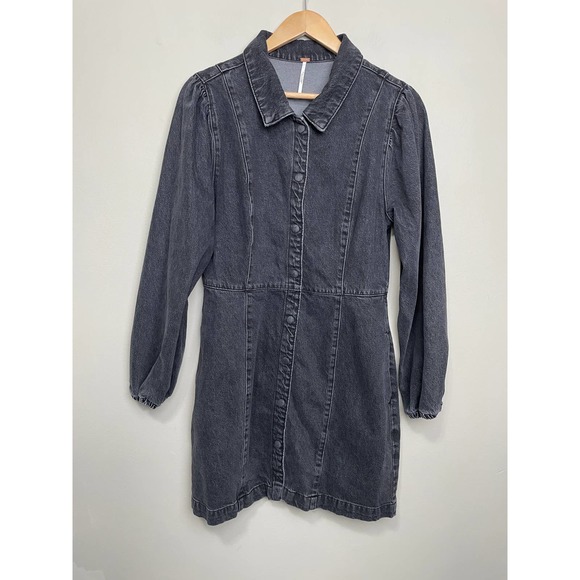 Free People Dresses & Skirts - Free People Long Sleeve Collared Denim Mini Dress Pockets Stone Wash Black L